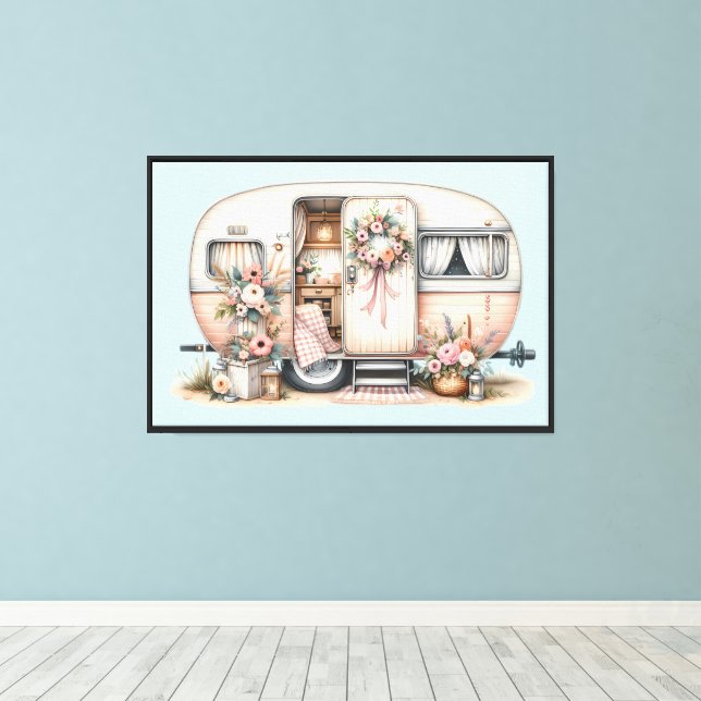 Boho Camper with Floral Wreath & Pastels Pink Canvas Print (Insitu(Wood Floor))