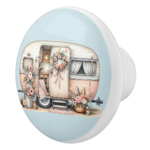 Boho Camper with Floral Wreath & Pastels Pink Ceramic Knob