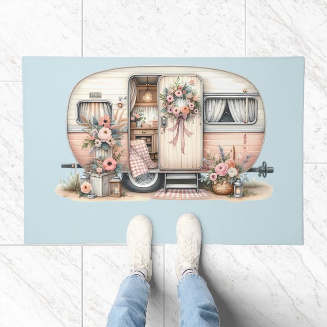 Boho Camper with Floral Wreath & Pastels Pink Doormat (Indoor)