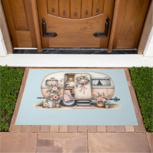Boho Camper with Floral Wreath & Pastels Pink Doormat