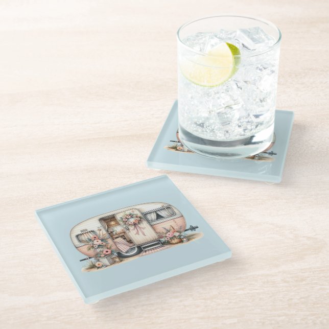 Boho Camper with Floral Wreath & Pastels Pink Glass Coaster (Angled)