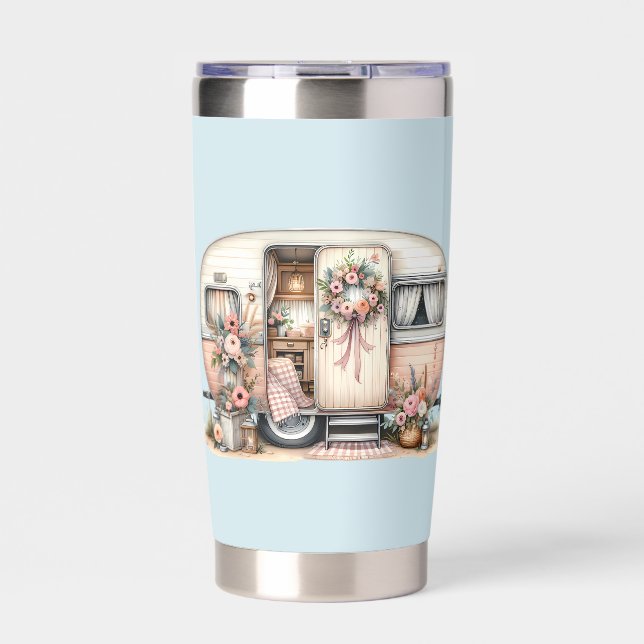 Boho Camper with Floral Wreath & Pastels Pink Insulated Tumbler (Front)