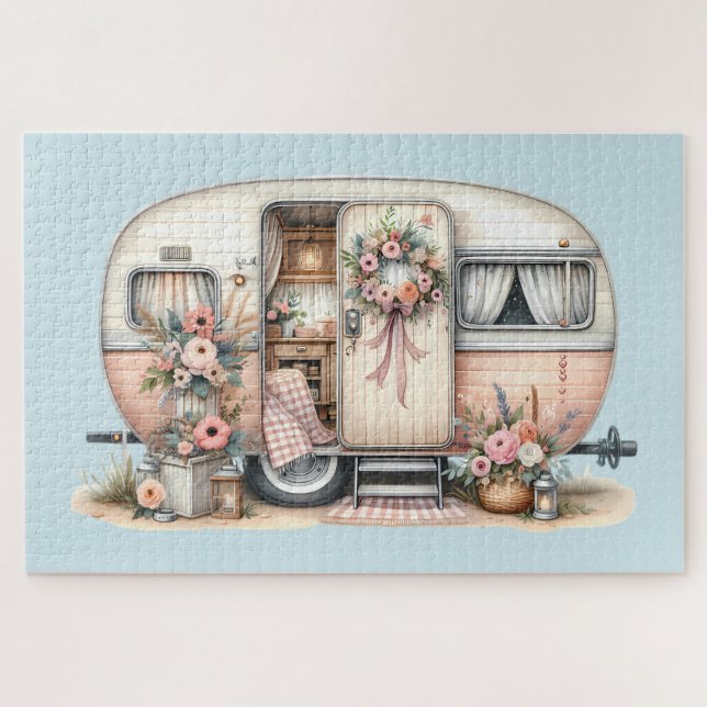 Boho Camper with Floral Wreath & Pastels Pink Jigsaw Puzzle (Horizontal)