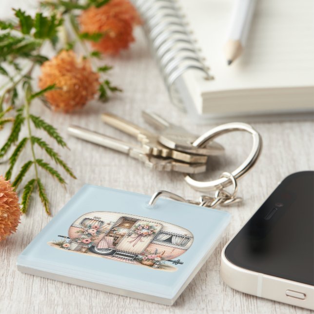Boho Camper with Floral Wreath & Pastels Pink Keychain (Front Right)