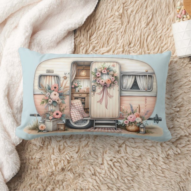 Boho Camper with Floral Wreath & Pastels Pink Lumbar Pillow (Blanket)