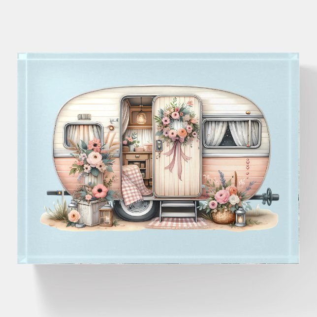 Boho Camper with Floral Wreath & Pastels Pink Paperweight (Front)
