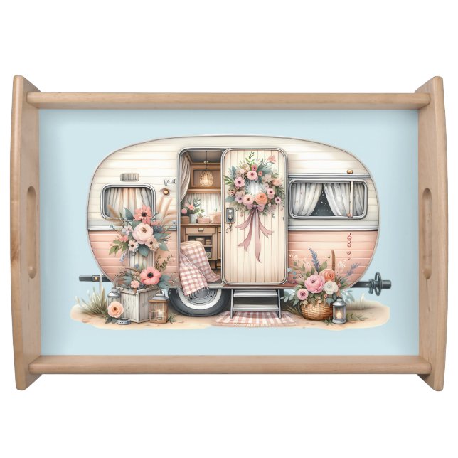 Boho Camper with Floral Wreath & Pastels Pink Serving Tray (Front)