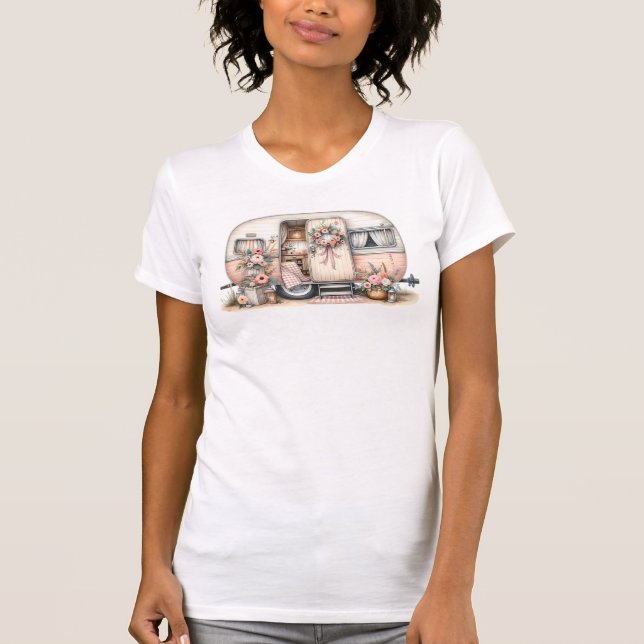 Boho Camper with Floral Wreath & Pastels Pink T-Shirt (Front)