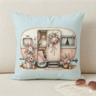Boho Camper with Floral Wreath & Pastels Pink Throw Pillow