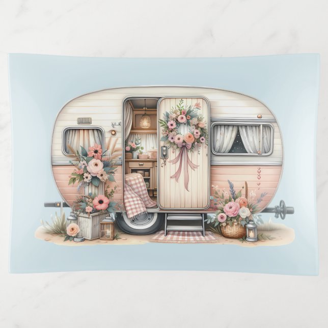 Boho Camper with Floral Wreath & Pastels Pink Trinket Tray (Front)