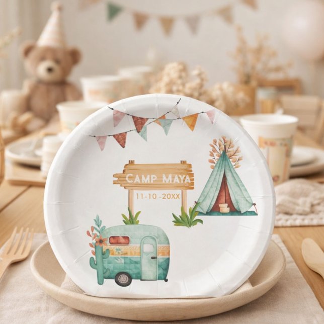 Boho camping birthday party Paper Plate (Creator Uploaded)