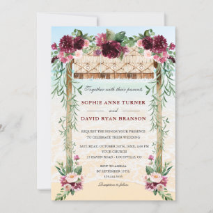 Boho Canopy Burgundy Floral Beach Maui Wedding Invitation
