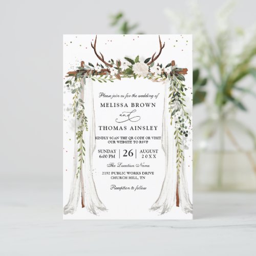 Boho Canopy Elegant Modern Budget QR Code Wedding Invitation