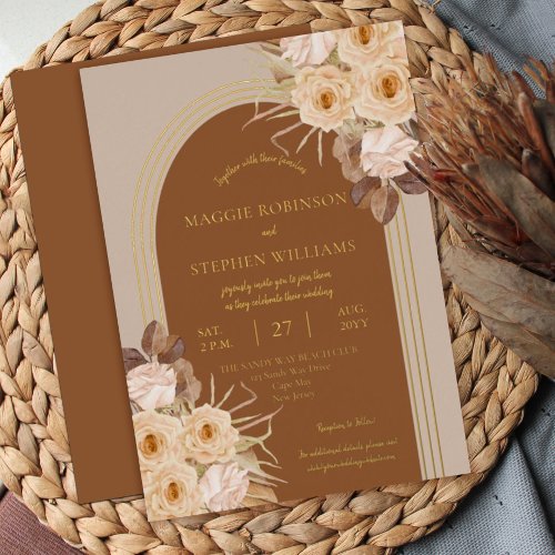 Boho Caramel Roses  Dried Grasses Wedding Foil Invitation