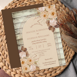 Boho Caramel Roses   Dried Grasses Wedding Foil Invitation