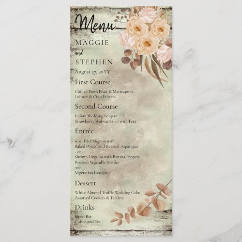 Boho Caramel Roses  Dried Grasses Wedding Menu