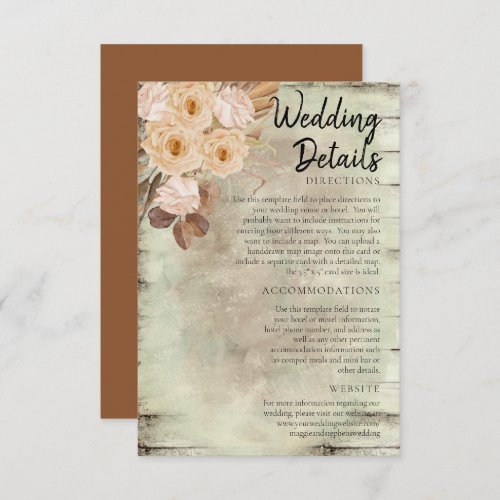 Boho Caramel Roses Wedding Details Enclosure Card