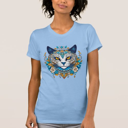 Boho Cat Head With Flowers and beads T_Shirt