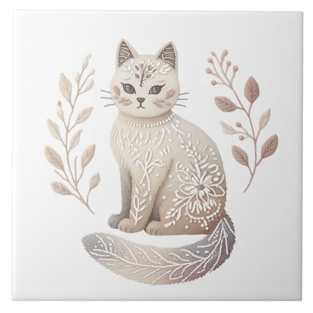 Boho Cat Minimalist Feline Decorative Art Ceramic Tile (Front)