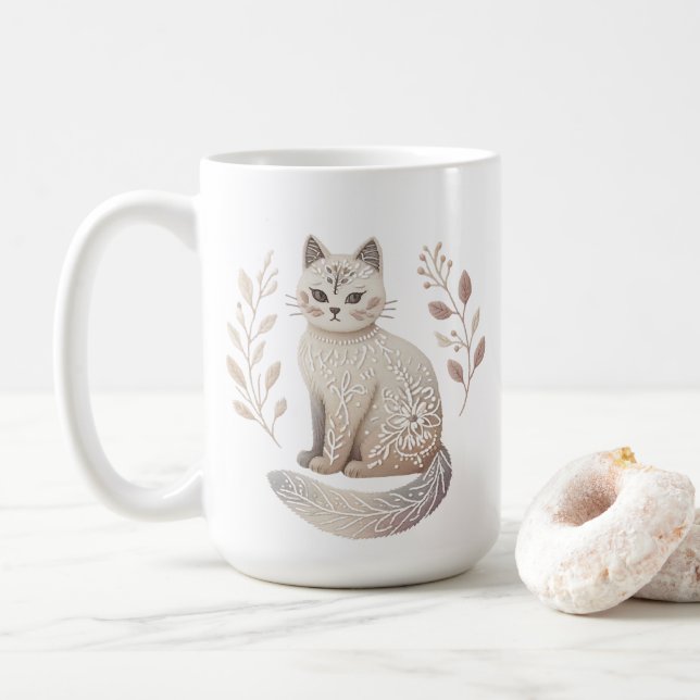 Boho Cat Mug Elegant Minimalist Feline Coffee Cup (With Donut)