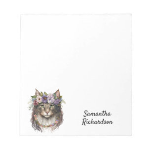Boho Cat Personalized Watercolor Floral Notepad