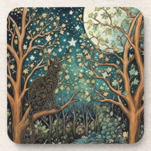 Boho cat starry night sky woodland forest beverage coaster