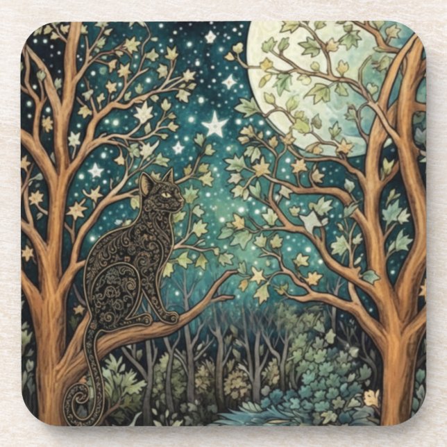 Boho cat starry night sky woodland forest beverage coaster (Front)