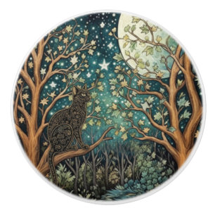 Boho cat starry night sky woodland forest ceramic knob
