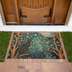 Boho cat starry night sky woodland forest doormat