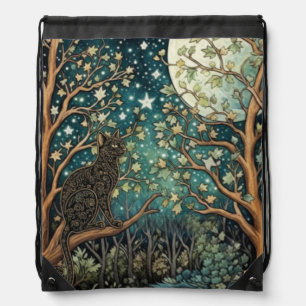 Boho cat starry night sky woodland forest drawstring bag