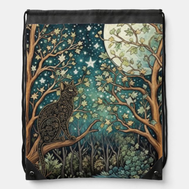 Boho cat starry night sky woodland forest drawstring bag (Front)