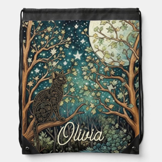 Boho cat starry night sky woodland forest drawstring bag (Front)