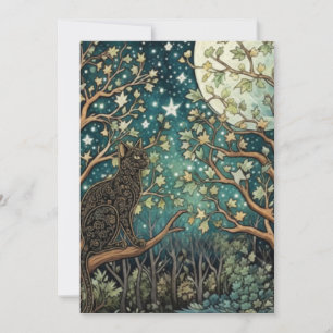 Boho cat starry night sky woodland forest invitation