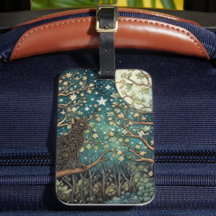 Boho cat starry night sky woodland forest luggage tag