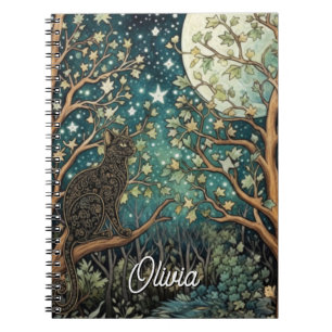 Boho cat starry night sky woodland forest notebook