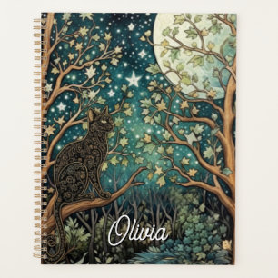 Boho cat starry night sky woodland forest planner