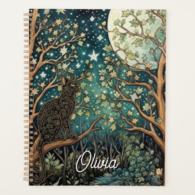 Boho cat starry night sky woodland forest planner (Front)