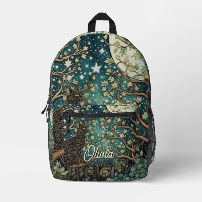 Boho cat starry night sky woodland forest printed backpack (Front)