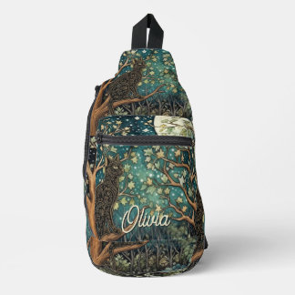 Boho cat starry night sky woodland forest sling bag