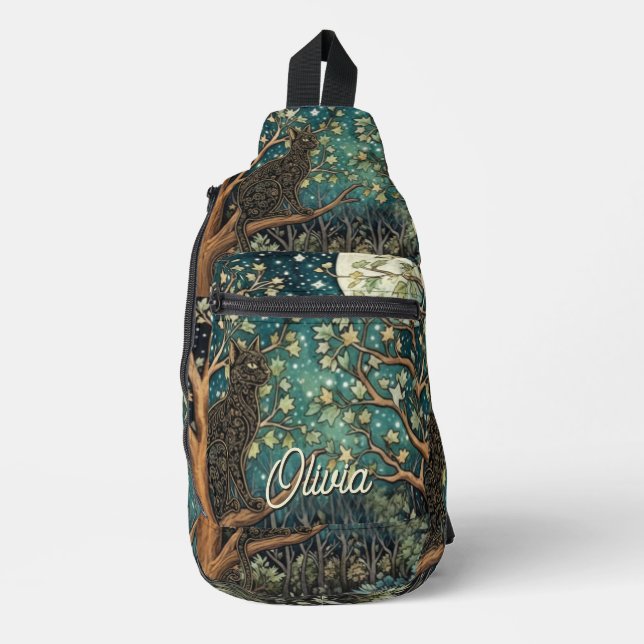Boho cat starry night sky woodland forest sling bag (Front)