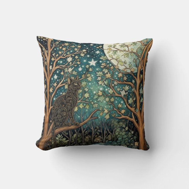 Boho cat starry night sky woodland forest throw pillow (Front)