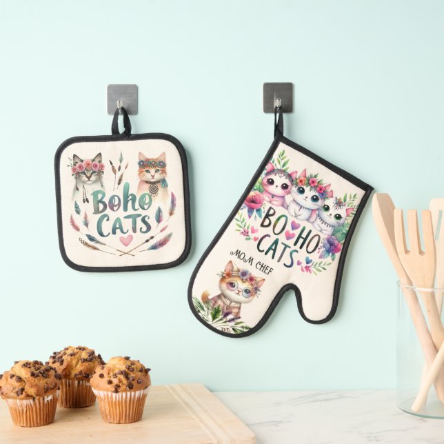 BOHO Cats Retirement Mom Grandma Wife Custom  Oven Mitt & Pot Holder Set (Insitu(Hanging))