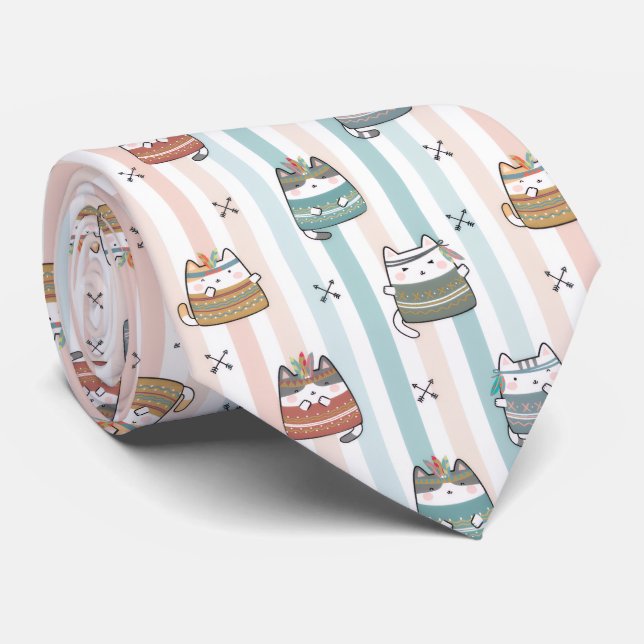  Boho Cats Tribal Pattern  Neck Tie (Rolled)