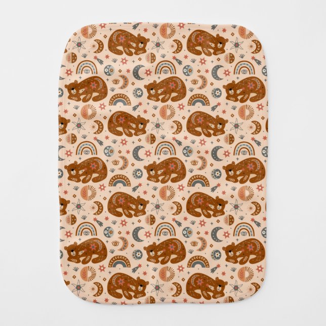 Boho Celestial Bear Pattern Baby Burp Cloth (Front)