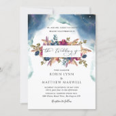 Boho Celestial Blue,Teal and Purple Floral Wedding Invitation (Front)