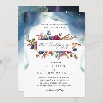 Boho Celestial Blue,Teal and Purple Floral Wedding Invitation