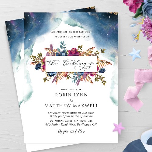 Boho Celestial BlueTeal and Purple Floral Wedding Invitation