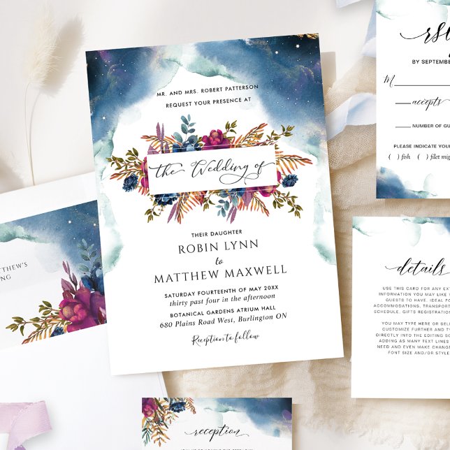 Boho Celestial Blue,Teal and Purple Floral Wedding Invitation (Creator Uploaded)