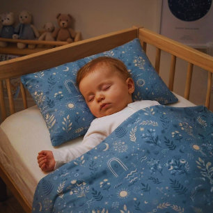 Boho Celestial Botanical Dusty Blue Nursery Swaddl Baby Blanket