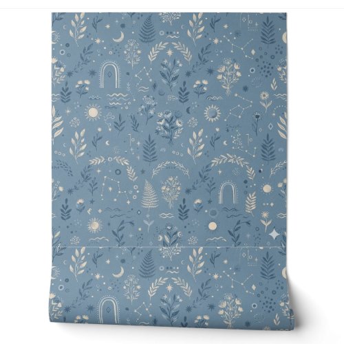 Boho Celestial Botanical Dusty Blue Pattern Wallpaper